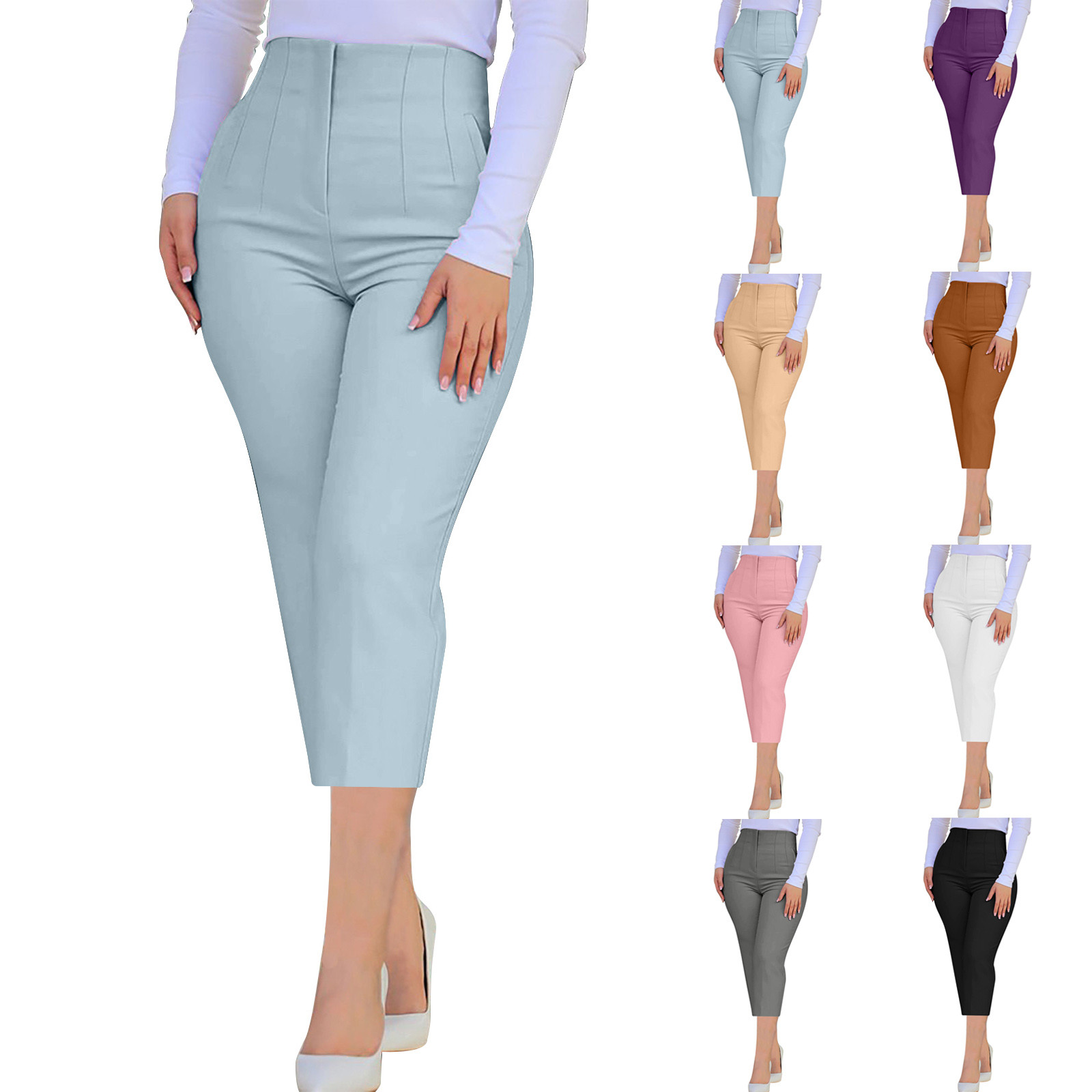 Capri Slacks for Women Dressy Casual High Waisted Capris Pants Slim Fit Straight Leg Work Crop Pants Solid Color Office Business Capris Pant Beige XXXL